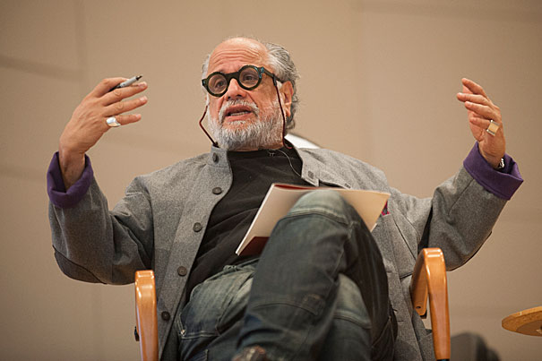 Homi Bhabha speaks. Symposium on Cultural Citizenship at Paine Hall, cosponsored with the Silk Road Project. Diana Sorensen, Jacqueline Bhabha, Yo-Yo Ma, Colin Jacobsen, Cristina Pato, Homi Bhabha, and members of the Silk Road Ensemble. Jon Chase/Harvard Staff Photographer