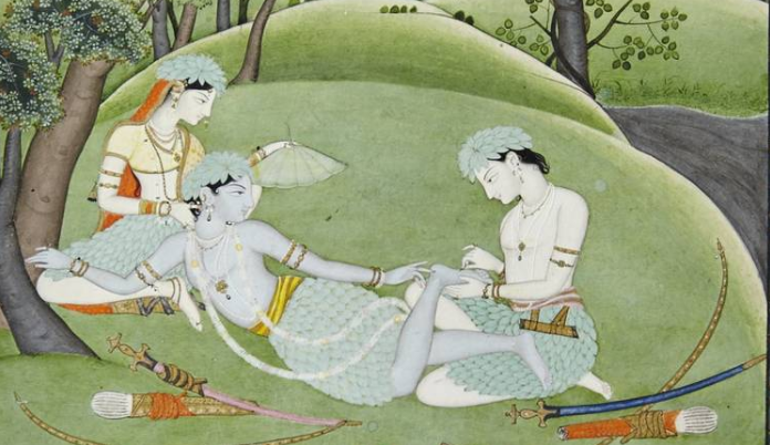 ‘Rama and Sita in the Forest: A Thorn Is Removed from Rama’s Foot,’ from the Punjab Hills (c. 1800-10)