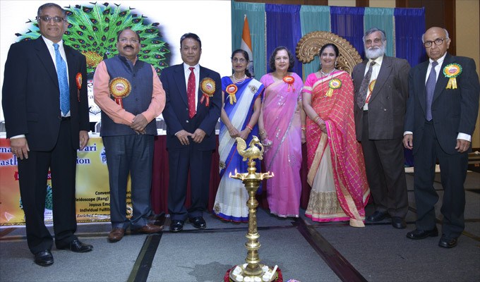 Parag Bajaj, President, MMNA, Vinod K. Agrawal, Chief Secretary, Govt. of Telangana, Govind Chandak, prominent businessman, Pushplata Heda, President, New England Chapter, Dr. Mona Khaitan, Convener, IMRC , Sushma Pallod, Chair, BOT Dr. Kamal Taori, retired IAS officer , Prabhulal Rathi, Advisor, IMRC 2016.
